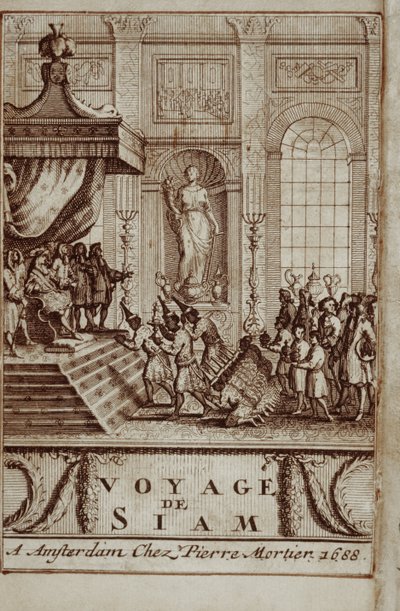 Thaise ambassadeurs ontvangen in Parijs door Lodewijk XIV, frontispice van Reis naar Siam door Guy Tachard, 1688 door French School