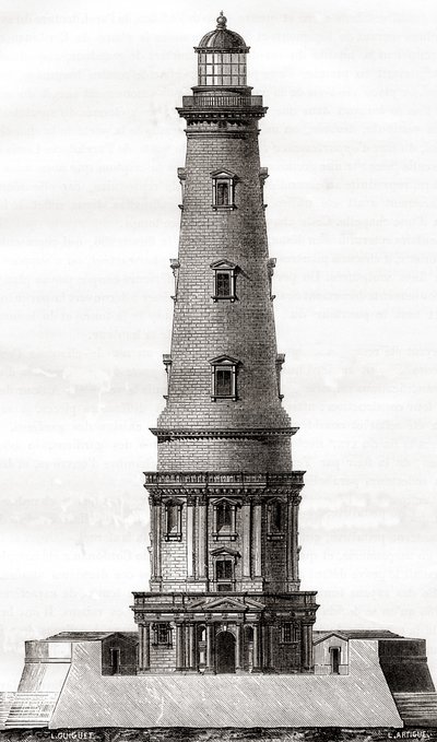 De 17e-eeuwse vuurtoren van Cordouan, nabij de monding van de Gironde-estuarium in Frankrijk, hier te zien na de uitbreiding in de 18e eeuw, uit Les Merveilles de la Science, gepubliceerd ca. 1870 (gravure) door French School