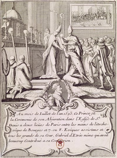 De afzwering van Hendrik IV (1553-1610) in St. Denis, juli 1593 door French School