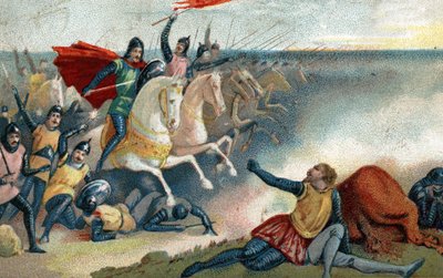 De Slag bij Hastings op 14/10/1066 tussen de Saksen van Harold II en het Normandische leger (Willem I de Veroveraar). Chromolithografie van het einde van de 19e eeuw. door French School