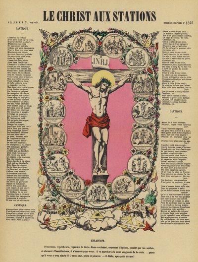 De kruisiging van Jezus en de kruisweg (kleurenlitho) door French School