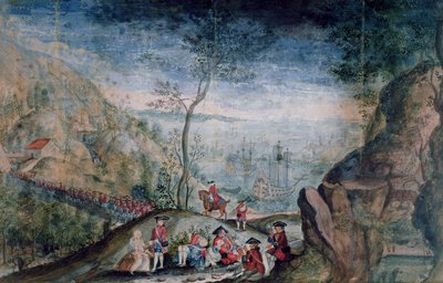 De ontscheping van 50 soldaten van het Karrer Zwitserse regiment in Louisbourg op het eiland Cap-Breton tussen 1722-33 door French School