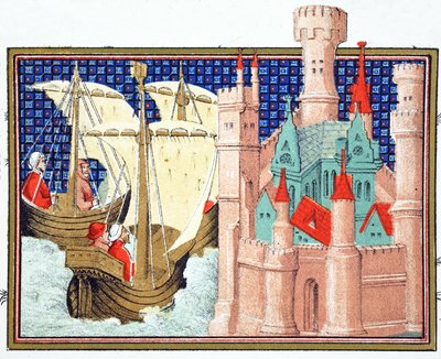 De hertog van Salisbury arriveert bij Conway Castle vanuit Ierland, facsimile kopie uit Le Prinse et Mort du Roy Richart door Jean Creton, herdrukt 19e eeuw door French School