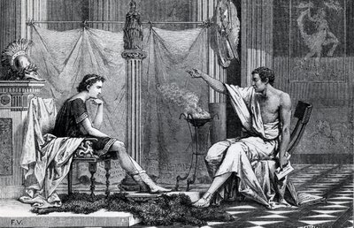 De opvoeding van Alexander de Grote (356-323 v.Chr.) door Aristoteles (384-322 v.Chr.) uit een boek van L. Figuier door French School