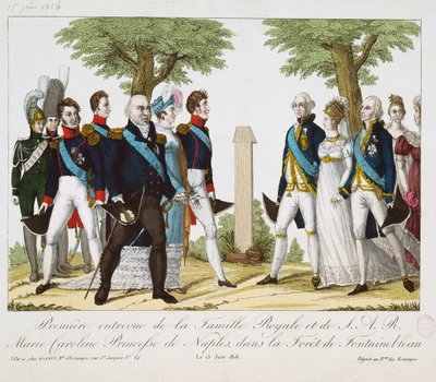 De eerste ontmoeting tussen Lodewijk XVIII en Marie-Caroline-Ferdinande van Bourbon, bij het Kruis van St. Herem in het bos van Fontainebleau, 15 juni 1816 door French School