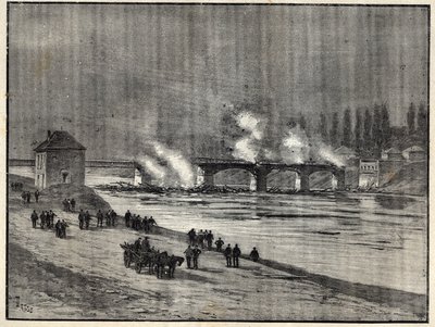 De Frans-Pruisische Oorlog - De verdediging van Parijs - het verbranden van de brug van Asnières - Brand van de brug van Asnières tijdens het beleg (verdediging) van Parijs - Gravure in 