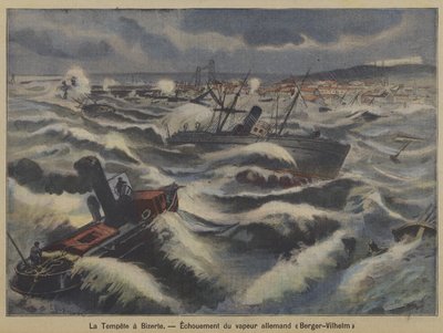 De Duitse stoomboot Berger-Wilhelm loopt aan de grond in een storm bij Bizerte, Tunesië door French School