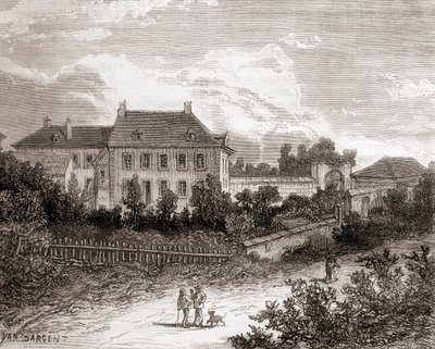 Het huis in Gras, nabij Chalon-sur-Saône, Frankrijk waar de Franse uitvinder Nicéphore Niépce heliografie ontwikkelde, uit Les Merveilles de la Science, gepubliceerd ca. 1870 (gravure) door French School