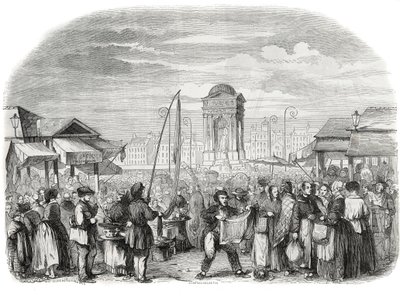 De Onschuldigen marcheren in Parijs met de fontein - Gravure in "Tableau-de-Paris" door Edmond Texier 1852 door French School
