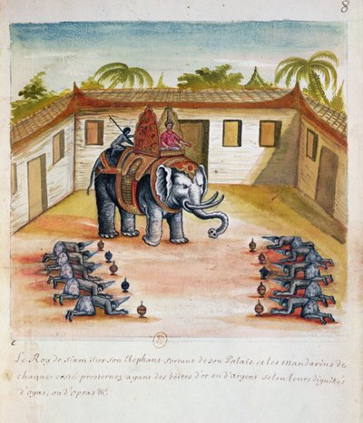 De koning van Siam op zijn olifant, uit een verslag van de Jezuïeten in Siam, 1688 door French School