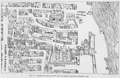 Het Louvre-district in de 16e eeuw, facsimile van het plan van Truschet door French School