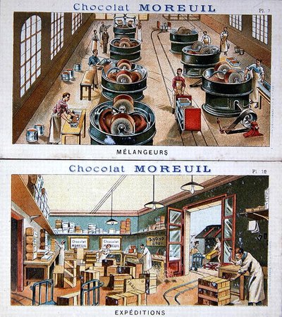 De Fabricage en Distributie van chocolade, afbeelding reclame voor chocolade Moreuil, c.1900 door French School