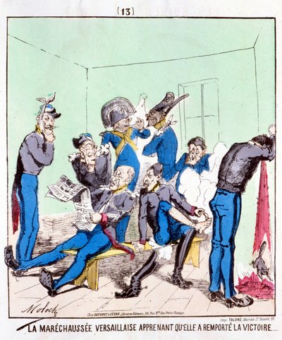 De Maréchaussée Versailles leert dat ze de overwinning heeft behaald... Cartoon over de Parijse Commune, circa 1870 door French School