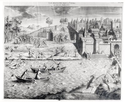 Het bloedbad van de Hugenoten in Tours in 1562 door French School