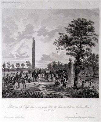 De ontmoeting tussen Napoleon en paus Pius VII in het bos van Fontainebleau, gegraveerd door A. Pilinski, 26 november 1804 door French School