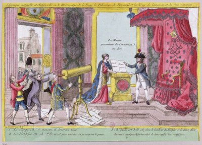 De microscoop van woede, de telescoop van trots en de ogen van rede en gezond verstand, karikatuur van de reactie van de adel en geestelijkheid op de Franse Grondwet, c.1791 door French School