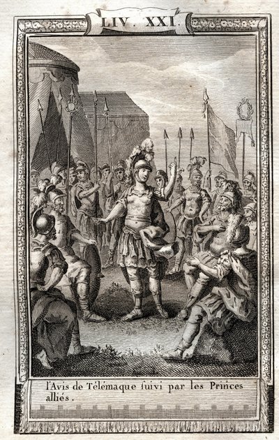 De aankondiging van Telemachus gevolgd door de geallieerde prinsen - gravure uit 1798 na Monnet in Les Aventures de Telemachus, fils d