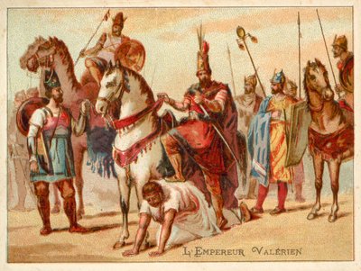 De Perzische koning Shapur I gebruikt de gevangen Romeinse keizer Valerianus als voetbank, ca. 260 door French School