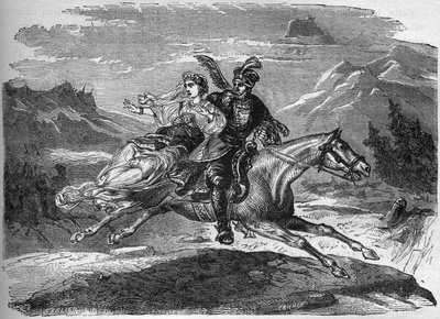 De Poolse legende van prinses Heligonde en graaf van Tyniec Walgerz. De twee geliefden vluchten naar Polen. Gravure in 