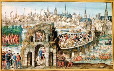 Het Koninklijk Intochtfestival van Henri II (1519-59) in Rouen, 1 oktober 1550 door French School
