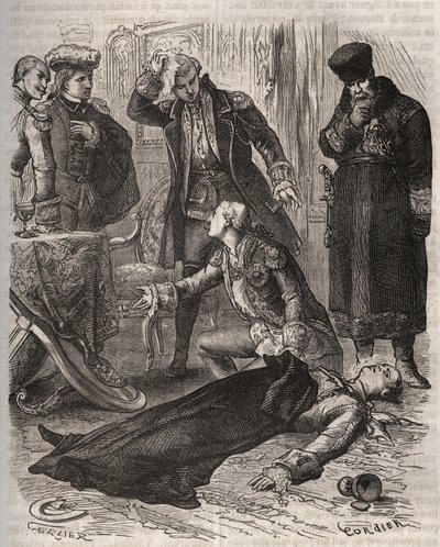 De Russische keizer Peter III (1728-1762), toegewezen aan een residentie, werd vermoord in opdracht van zijn vrouw Catharina II, die hem net had afgezet en de macht had overgenomen, door Alexei Orlov (1737-1808) en zijn bewakers op 17 juli 1762. Gravure ui door French School