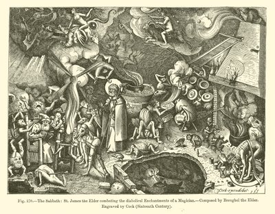 De Sabbat: St. Jacobus de Oudere bestrijdt de Duivelse Betoveringen van een Tovenaar (gravure) door French School
