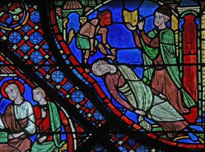 Het St. Jacobus raam: Filetus wordt gebonden door een toverspreuk van Almogenes (Hermoniges) door French School