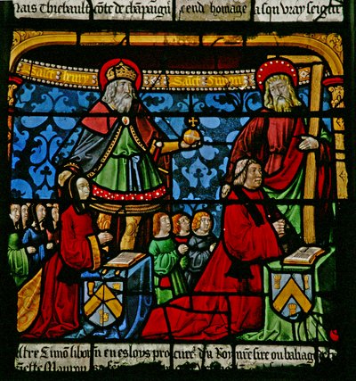 Het Sint Louis raam: De schenkers Henriette de Mauroy & Simon Liboron zijn te zien met hun patroonheiligen Sint Hendrik en Simon van Cyrene door French School