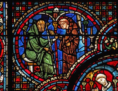 Het St. Lubin-raam: St. Avit geeft Lubin de sleutels van de kelder terug door French School