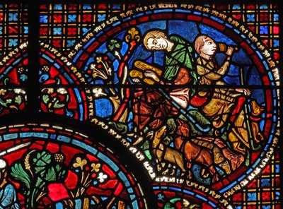 Het raam van Sint-Lubin: studeert terwijl zijn metgezel drinkt terwijl ze de schapen bewaken door French School