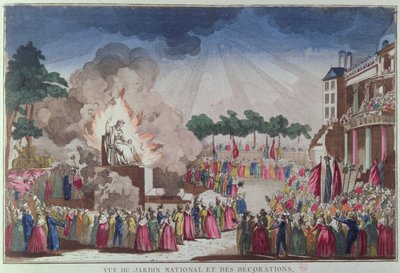 Het Beeld van Atheïsme wordt vernietigd en vervangen door het Beeld van Wijsheid op het Festival van het Opperwezen, Jardin National des Decorations, Parijs, 8 juli 1794 door French School