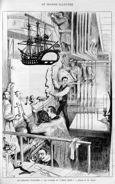 Het Theater illustreert: achter de schermen van de "Chat noir". Gravure in "Le monde illustré", 1888. door French School