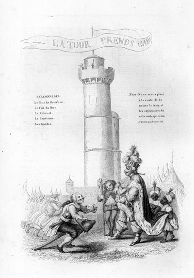 De Toren is voorzichtig. Een kolonel met een geweer komt naar beneden naar de koning, gevolgd door pages. Gravure in 