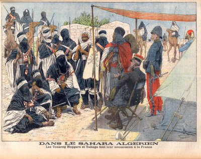 De Toearegs Hoggar en Taitogs onderwerpen zich aan de Engelse heerschappij in de Algerijnse Sahara. In de Algerijnse Sahara. De Toeareg Hoggars en Taitogs onderwerpen zich aan Frankrijk. Illustratie voor Le petit Journal, 26 november 1905. door French School