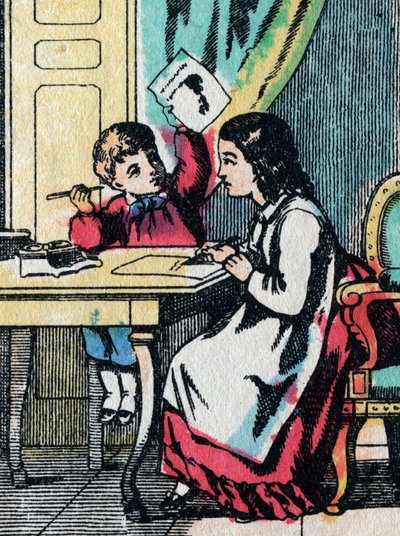 De activiteiten voor meisjes uit goede families: een kleine broer helpen met zijn huiswerk - Epinal afbeelding - 19e eeuw door French School