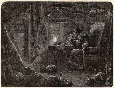 De alchemist, die beloofde goud te maken, werkt in zijn laboratorium: de Alchemist in de 17e eeuw - in "Parijs door de eeuwen heen" door Nicolas Jules Henri Gourdon de Kennouillac (1826-1898). door French School