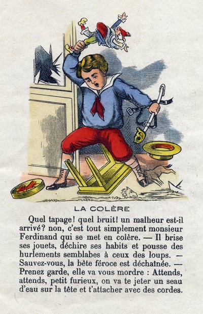 De woede. Grillig kind dat zijn speelgoed breekt. Jongensalfabet. Abecedarium heeft morele waarde met leesoefeningen. Epinal beeld eind 19e eeuw door French School