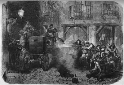 De moord op Juan Prim y Prats (1814-1870), Spaanse generaal en politicus, bij zijn vertrek uit de Cortes, in de straat del Turco in Madrid op 28 december 1870. Gravure in "Le Monde Illustré" n°724 van 25 februari 1871. door French School