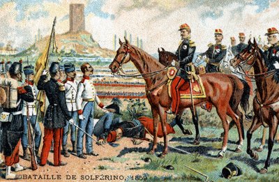 De slag bij Solferino (Italië) tussen de Frans-Sardijnse (overwinnaars) en Oostenrijkse (verslagen) legers in 1859. Chromolithografie uit de 19e eeuw. door French School