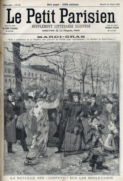 De confettislag op de Parijse boulevard tijdens Mardi Gras. Gravure in "Le petit Parisien" door French School