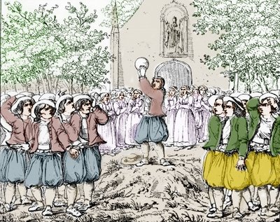 Het begin van een spel soule (voetbal) in Bretagne in het midden van de 19e eeuw. door French School