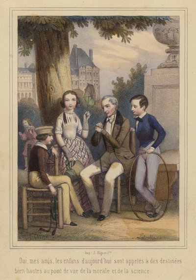 De kinderen van nu, voorbestemd voor grote dingen op het gebied van moraal en wetenschap (kleurenlitho) door French School