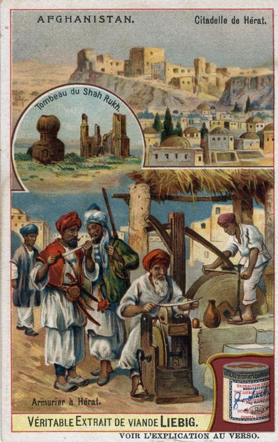 De stad en wapensmeden van de stad Herat in Afghanistan en het graf van de Shah Rukh. Chromolithografie van de 19e eeuw door French School