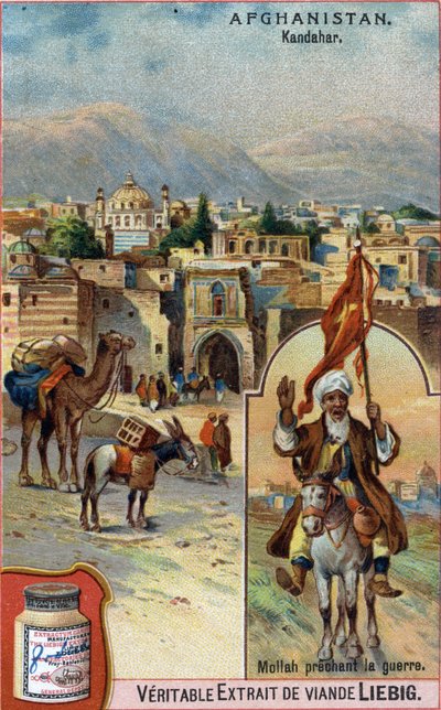 De stad Kandahar in Afghanistan met Mullah die oorlog predikt. Reclamechromolithografie van de 19e eeuw door French School