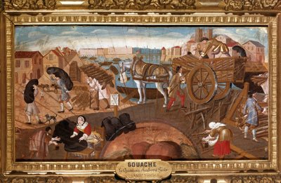 De kolensteiger in Parijs Scène van de kolenhandel in de straten van Parijs. Anonieme waaierschildering van de Franse School van de 17e eeuw. Reims, Musee Saint Denis door French School
