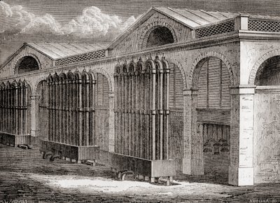 De steenkoolgascondensatorfabriek in La Villette, Parijs, Frankrijk in de 19e eeuw, uit 