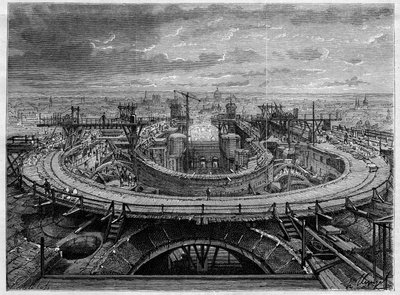 De bouwplaats van de Kerk van het Heilig Hart van Montmartre in 1886, in 