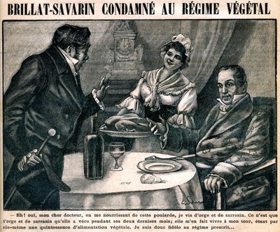 Het nieuwsgierige vegetarische dieet van gastronoom Jean Anthelme Brillat-Savarin (Brillat Savarin) (1755-1826), op de omslag van de wekelijkse krant 