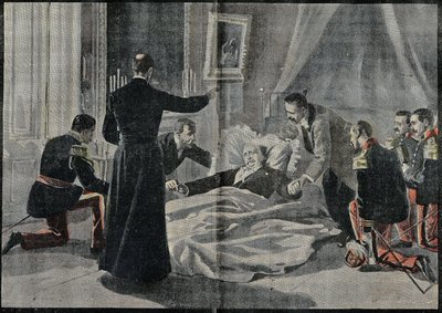 De dood van Felix Faure, president van Frankrijk. Abbe Renault gaf hem de absolutie. Gravure in Le Pelerin 26/02/1899 door French School