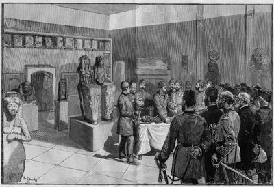 Het ontmantelen van de Mummie van Sesostris (Ramses II) in het Musée de Boulaq (Caïro, Egypte) door Gaston Maspero in aanwezigheid van de khedive Tewfik. Gravure in "De Illustere Wereld" 1886. door French School